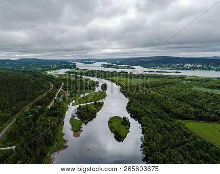 At Aavasaksa, River That Separates Finland And Sweden From Each Other, Seen From The Sky