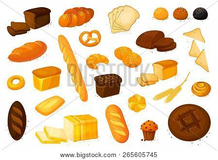 Set Vector Bread Icons. Vector Illustration Isolated On A White Background. Bakery Product In Cartoo