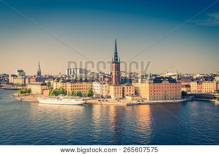 Aerial Panoramic Top View Of Riddarholmen District With Riddarholm Church And Typical Sweden Gothic 