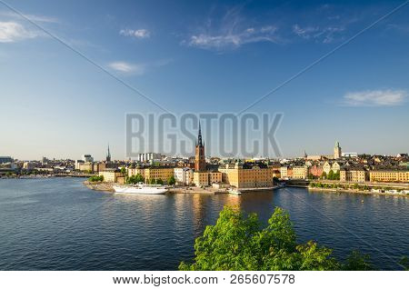 Aerial Panoramic Top View Of Riddarholmen District With Riddarholm Church And Typical Sweden Gothic 