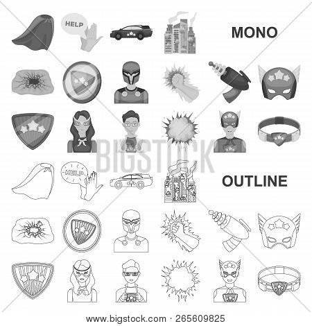 A Fantastic Superhero Monochrom Icons In Set Collection For Design. Superhero Equipment Vector Symbo