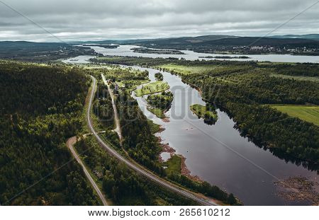At Aavasaksa, River That Separates Finland And Sweden From Each Other, Seen From The Sky