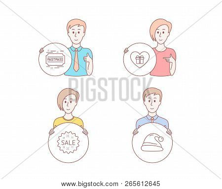People Hand Drawn Style. Set Of Sale, Romantic Gift And Fastpass Icons. Santa Hat Sign. Shopping Sta