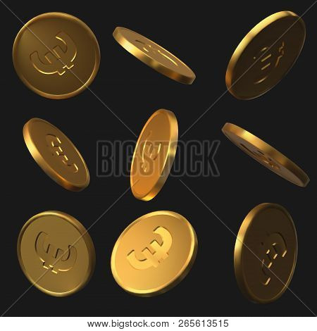 Set Of Golden Euro Coins. Realistic Vector Illustration.