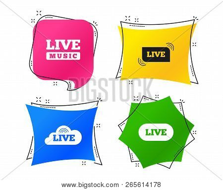 Live Music Icons. Karaoke Or On Air Stream Symbols. Cloud Sign. Geometric Colorful Tags. Banners Wit