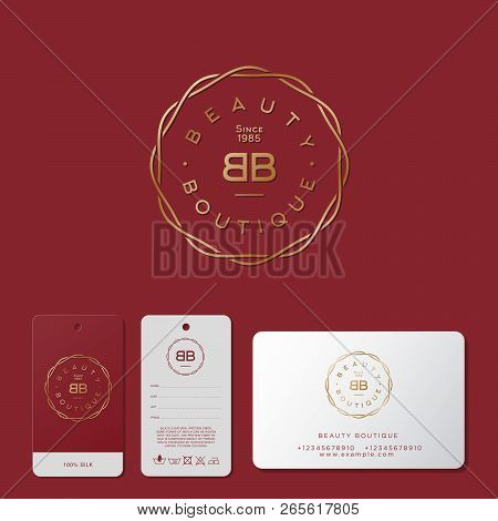 B And B Monogram. Beauty Boutique Emblem. Gold Linear Wreath With Letters On Burgundy Background. La
