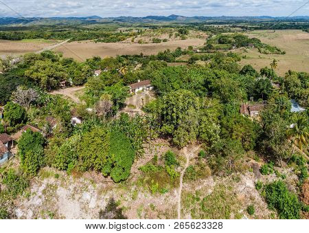 Aerial View Of Manaca Iznaga Village In Valle De Los Ingenios Valley Near Trinidad, Cuba