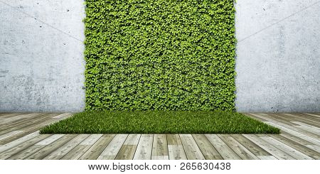 Inner courtyard with green fresh vertical garden and concrete wall. 3D illustration.
