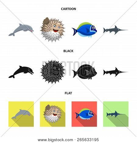 Vector Illustration Of Sea And Animal Symbol. Set Of Sea And Marine Stock Symbol For Web.