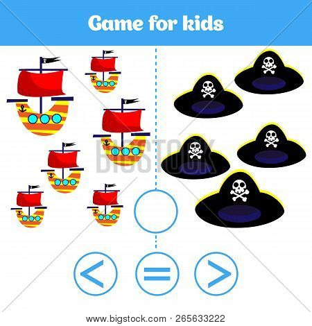 Education Logic Game For Preschool Kids. Choose The Correct Answer. More, Less Or Equal Vector Illus