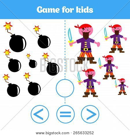 Education Logic Game For Preschool Kids. Choose The Correct Answer. More, Less Or Equal Vector Illus