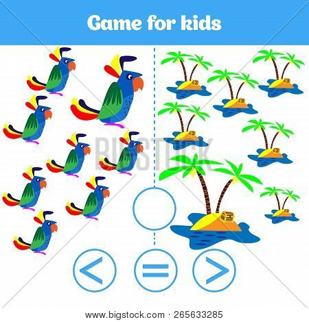 Education Logic Game For Preschool Kids. Choose The Correct Answer. More, Less Or Equal Vector Illus