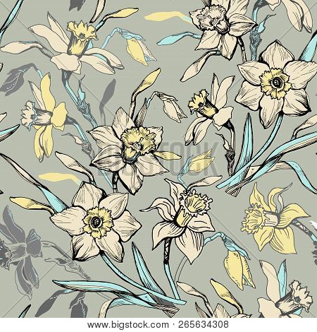 Vintage Botanical Seamless Pattern With Hand Drawn Flowers Daffodils, Narcissus On Light Background.