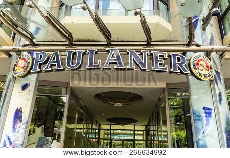 Wiesbaden, Germany - June 03 2018: Paulaner Beer Logo On A Entrance.  Paulaner Bier Is One Of The Sy
