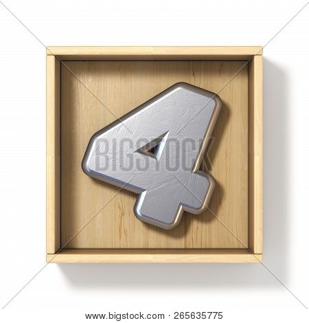 Silver Metal Number 4 Four In Wooden Box 3d Render Illustration Isolated On White Background