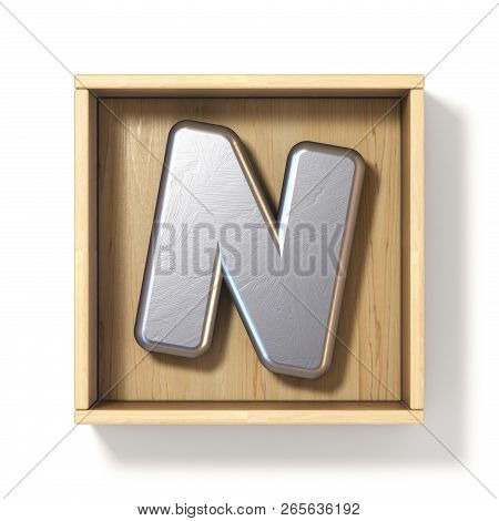 Silver Metal Letter N In Wooden Box 3d Render Illustration Isolated On White Background