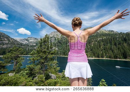 Fannette Island Tea House Located On The Top Of Fannette Island, Lake Tahoe California. Woman Stands