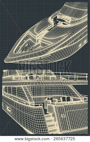 Fragment Of Stylized Drawings Of A Modern Yacht In Retro Style