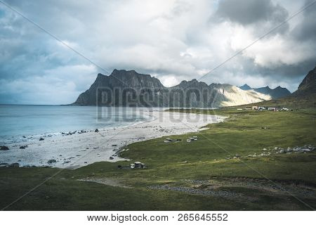 A Typical Lofoten Beach View Frames The Sea At Ramberg Lofoten. Scene On A Beautiful Day With Blue S