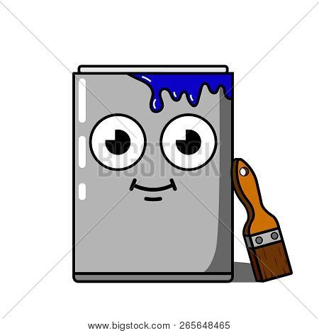 Cartoon Character Of The Pot Of Paint And Brush. Cute Character.