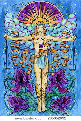 Libra Or Scales. Zodiac Sign, Hand Drawn Fantasy Graphic Illustration. Occult Mystic Drawing With Ho