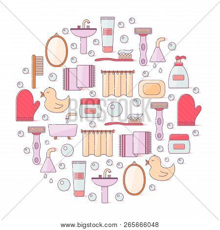 Vector Illustration With Flat Line Cartoon Bathroom Background. Circle Background With Bathroom Soap