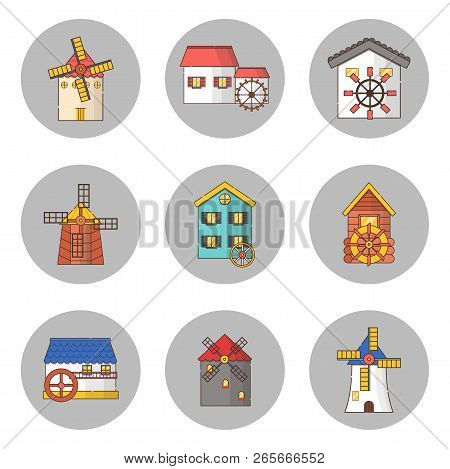 Vector Illustration With Set Of Cartoon Flat Windmills And Watermills Of Different Types Isolated On