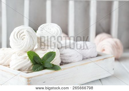 Marshmallow Or Zefir Dessert In Box On White Plate With Mint