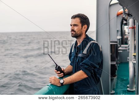 Marine Deck Officer Or Chief Mate On Deck Of Vessel Or Ship