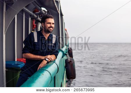 Marine Deck Officer Or Chief Mate On Deck Of Vessel Or Ship