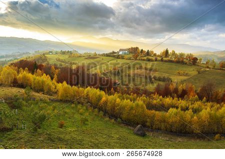 Warm October Evening In Transylvania. Magic Autumn Sunset Landscape