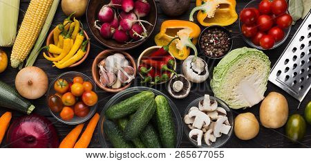 Food For Rawfoodists. Set Of Different Fresh Raw Vegetables In Glass Bowls. Ingredients For Vegetari