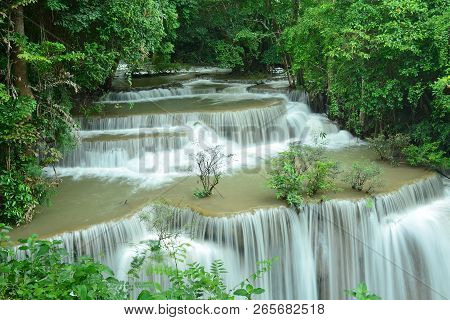 Scenic View Of Waterfall In The Forest (chatkaew),huai Mae Khamin Waterfall,kanchanaburi,thailand.