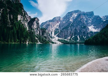 Beautiful View Of Lago Di Braies Or Pragser Wildsee, Trentino Alto Adidge, Dolomites Mountains, Ital