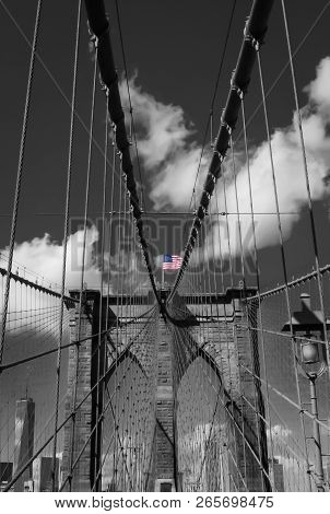 Central View Standing On Brooklyn Bridge American Flag Steel Ropes