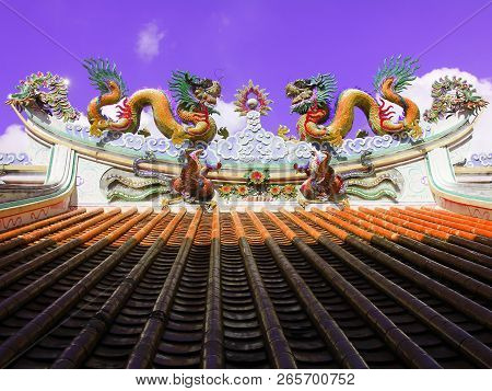 Pray And Make A Merit At Khao Din Temple, Chaserngsao, Thailand. There Are Swan Statue, Dragon Statu