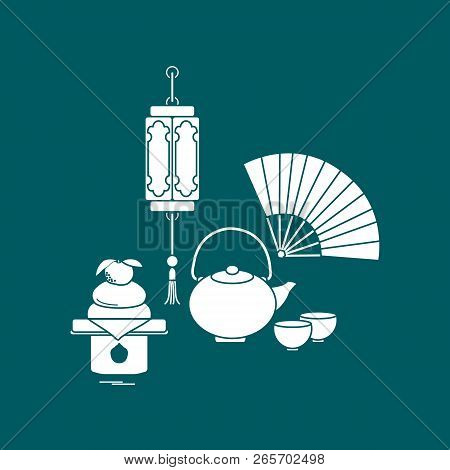 Eastern New Year Symbols. Chinese Lantern, Kettle With Two Cups, Fan, Kagami Mochi. Festive Traditio