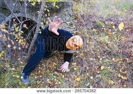 Horrible Creature In The Autumn Forest In The Evening. Happy Halloween. Pumpkinhead. A Man With A Pu