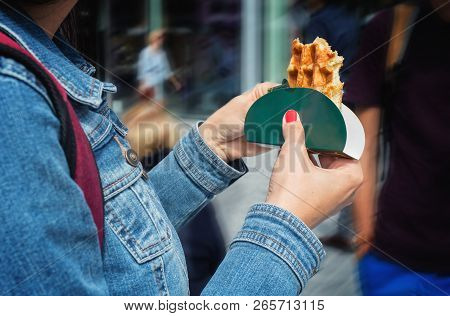 Traditional Belgian Wafle In Woman's Hands