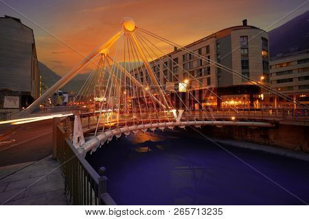 Andorra la Vella Paris bridge sunset over Valira river in Pyrenees
