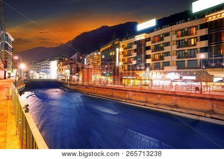 Andorra la Vella Paris bridge sunset over Valira river in Pyrenees