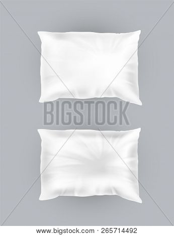 3d Realistic Comfortable Square Pillows. Template, Mock Up Of White Fluffy Crumpled Cushion For Rela