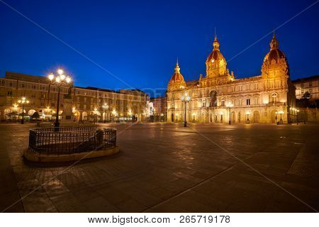 La Coruna City town hall sunset in Maria Pita Square of Galicia Spain