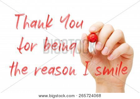 Hand Writing Quote Thank You For Being The Reason I Smile With Red Marker On Transparent Wipe Board 
