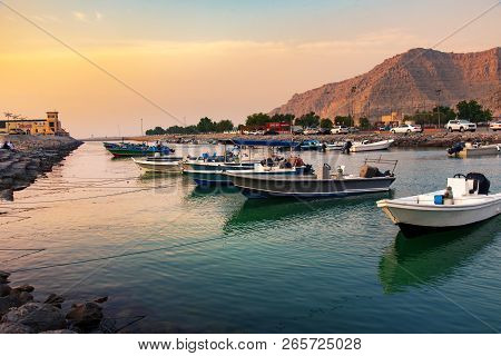 Khasab, Oman - October 5, 2018: Khasab City Creek And Desert Rock Scenery With Characteristic Arabia