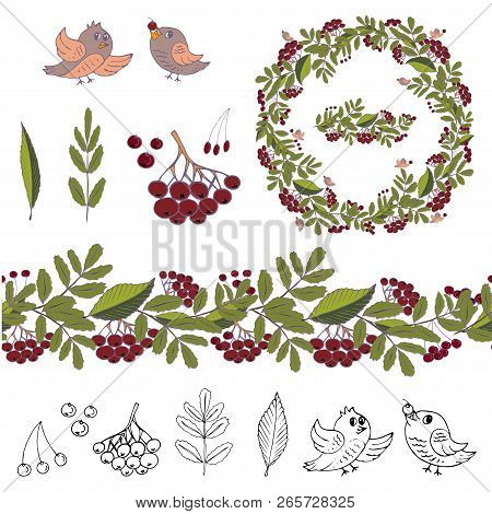 Objects Isolated On White Background. Set Of Elements With Floral Wreath And Endless Horizontal Brus