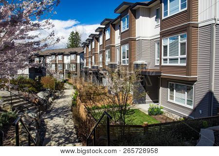 New Modern Low Rise Appartament Complex On A Sunny Spring Day With Blooming Sakura Trees.