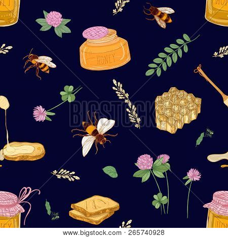 Apiculture Or Beekeeping Seamless Pattern With Honey Flowing Down From Dipper On Bread Toast, Bees, 
