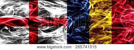 England Vs Chad, Chadian Smoke Flags Placed Side By Side. Thick Colored Silky Smoke Flags Of English