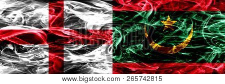 England Vs Mauritania, Mauritanian Smoke Flags Placed Side By Side. Thick Colored Silky Smoke Flags 
